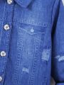 SHEIN Kids SUNSHNE Little Girls' Alphabet & Daisy Printed Fashionable Denim-look Jacket With Make-believe Jeans Print