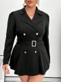 SHEIN Privé Double Breasted Belted Plus Size Women's Long Suit Jacket