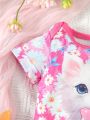 2pcs Baby Girls' Cartoon Printed Romper With Matching Headband In Pink, Summer