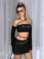 SHEIN ICON Diamond-Studded Letter Pattern Flared Sleeve Crop Top And Mini Skirt Set