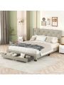 Upholstered Queen Size Storage Bed Linen Upholstered Platform Bed with Two Drawers