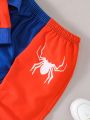 SHEIN Kids QTFun Little Boys' Spider Print Round Neck Sweatshirt And Sports Pants Set