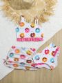 Toddler Girls' Bikini Swimsuit Set With Random Donut Print Asymmetric Neckline And Swim Skirt