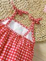Baby Girl's Cute Gingham & Fruit Patterned Suspenders Jumpsuit For Summer