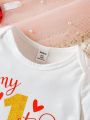SHEIN Baby Girls' Casual And Lovely Romantic Letter Pattern Outfit, Great For Valentine'S Day
