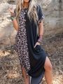 Women'S Leopard Print Patchwork Batwing Sleeve Dress