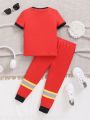 SHEIN 2pcs/Set Young Boy's Casual And Comfortable Firefighter Pattern Short Sleeve T-Shirt And Tight Pants Homewear, Suitable For Spring And Summer