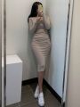 DAZY Women's Fashionable Pleated Design Long Sleeve Slim Fit Maxi Dress