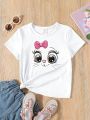 Toddler Girls' Cute Bow & Cat Expression Print Short Sleeve T-Shirt