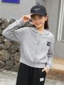 SHEIN Kids KDOMO Girls' Loose Fit College Style Hooded Cardigan