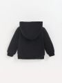 SHEIN Infant Boys' Soft Knitted Cartoon Letter Print Hooded Regular Shoulder Sweatshirt
