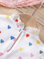 SHEIN Kids FANZEY Young Girl Mushroom Collar Voluminous Sleeve Heart Pattern Shirt