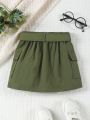 SHEIN Kids HYPEME Young Girl Casual Flip Pocket & Belt Detail Skirt, Suitable For Summer