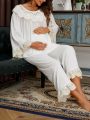 Maternity Ruffle Trim Flare Sleeve Sleep Top & Adjustable Waist Sleep Pants