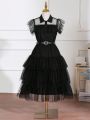 Teenage Girls' Ruffle Edge Mesh Layered Hem Party Dress Suitable For Evening Party Birthday Party, Autumn/Winter