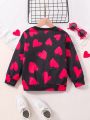 SHEIN Kids QTFun Girls' Love Heart Round Neck Pullover Long Sleeve Sweatshirt, Suitable For Autumn & Winter Festive Party Outfits