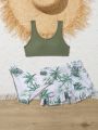Tween Girls' Palm Tree Printed 3pcs Bikini Swimsuit Set