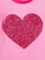 Teen Girl Sequined Heart Pattern Color Block Tee With Contrast Trim