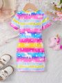 SHEIN Little Girls' Knitted Rainbow Unicorn Print Round Neck Slim Fit Casual Dress