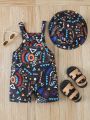 Baby Boy's Interesting Colorful Geometric Pattern Printed Overall Shorts With Matching Hat For Spring And Summer