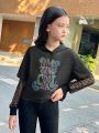 SHEIN Kids Y2Kool Tween Girls' Sporty Sweet Hooded Sweatshirt With Splice Design