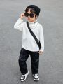 SHEIN Young Boy Casual, Comfortable, Stylish, Simple, Soft And Warm High-neck Fleece Top With English Letter Logo, Suitable For Spring, Autumn And Winter