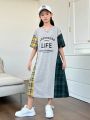 SHEIN Kids SUNSHNE Tween Girls' Knitted Color Block Plaid Patchwork Letter Print Loose Fit Casual Dress With Round Neckline