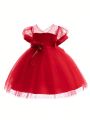 Young Girl Contrast Mesh Puff Sleeve 3D Appliques Front Gown Dress