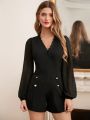SHEIN Frenchy Chiffon Sleeve Lace Collar Romper, With Gold Bottons, All Black
