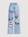 SHEIN Girls' (Big) New Chopped Snowflake Light Blue Y2k Heart & Letter Printing Ripped Jeans