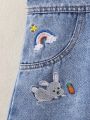 Little Girls' Rainbow Embroidery Trendy Casual Denim Overall Dress