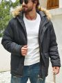 Men Plus Flap Pocket Fuzzy Trim Hooded Winter Coat
