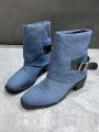 Denim Style Pointed Toe Mid-calf Boots With Chunky Heels For Women Fall Winter 2023 New Arrival