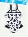 Baby Girls' One-Piece Swimsuit With Cow Print And Hollowed-Out Waist