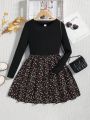 SHEIN Tween Girls' Casual Floral Patchwork Knit Round Neck Long Sleeve Dress For Holiday