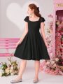 SHEIN Teen Girl Knitted Solid Color Patchwork Sleeve & Cutout Design Holiday Dress