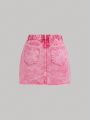 SHEIN Teen Girls' Casual Mid-Waist Asymmetric Distressed Denim Skirt