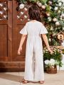 SHEIN Kids QTFun Young Girls' Round Neck Off-Shoulder Ruffle Sleeve Embroidery Jumpsuit