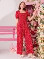 SHEIN Teen Girls' Knitted Heart Pattern Square Neck Bubble Sleeve Jumpsuit