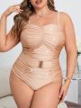 SHEIN Swim Chicsea Plus Size Women's Shiny Plisse Sparkling One-Piece Swimsuit With Straps