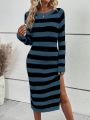 SHEIN Frenchy Striped High Split Knitted Sweater Dress