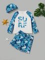 SHEIN Young Boys' Loose Fit Casual Swimsuit Set With Letter & Plant Pattern, 3pcs