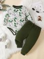 Baby Boy Dinosaur Print Contrast Binding Bodysuit & Sweatpants