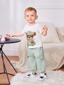 SHEIN Baby Boys' Cartoon Bear Print Short Sleeve T-shirt And Work Pants Set