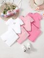 SHEIN Baby Girl'S 6pcs/Set Casual Smiling Face Pattern Short Sleeve Top, Solid Shorts And Home Wear