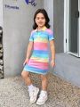 SHEIN Kids Y2Kool Young Girl's Sporty And Sweet Knitted Striped Polo Neck Short Sleeve Dress For Spring/Summer