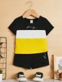 SHEIN Infant Boys' Casual Comfortable Color Block Letter Print Short Sleeve T-Shirt And Shorts Set