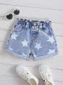 SHEIN Baby Girls' Fashionable Star Pattern Waterwashed Denim Shorts For Casual Wear