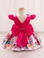 Baby Girl 3d Flower Decorated Floral Printed Pleated Dress