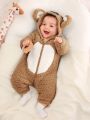 SHEIN Newborn Baby Boys' Cute Koala Shaped Hooded Romper With Ear Details And Thick Fleece Lining, Medium Thick